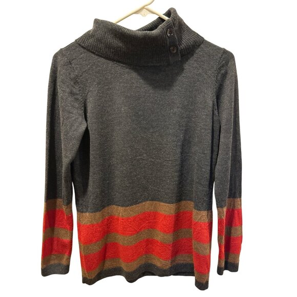 Pendleton Women's Merino Wool Gray Red Brown Striped Button Cowl Neck Sweater S - Picture 2 of 10